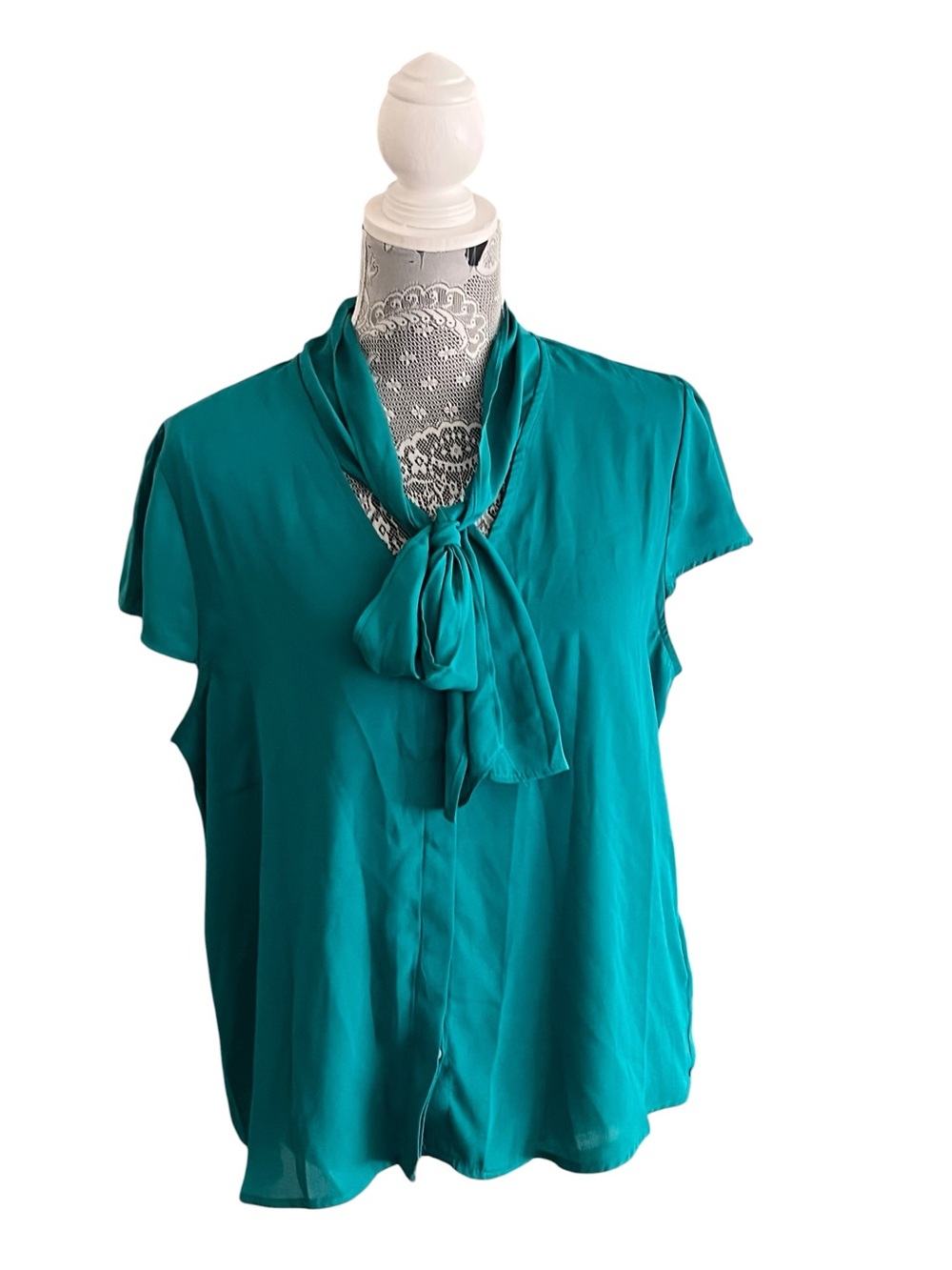 Lily White Teal Tie Neck Blouse XL Short Sleeve Top